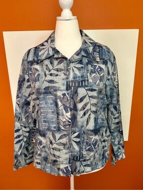 Coldwater Creek Blue Tropical Leaf Jacquard Button Down Jacket 1X